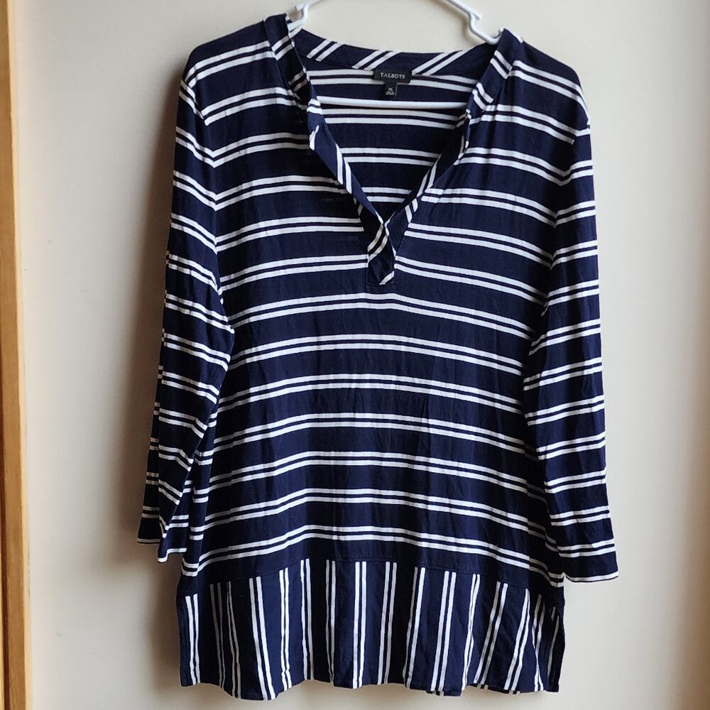 Talbots Navy/White Striped Long Sleeve V-Neck Jersey Tunic Size XL
